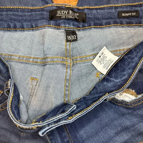 Judy Blue Lace Patch Distressed Skinny Fit Blue Jeans Size 15/33 - Picture 4 of 4